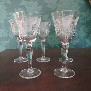 5 Vintage Etched Cordial Glasses
